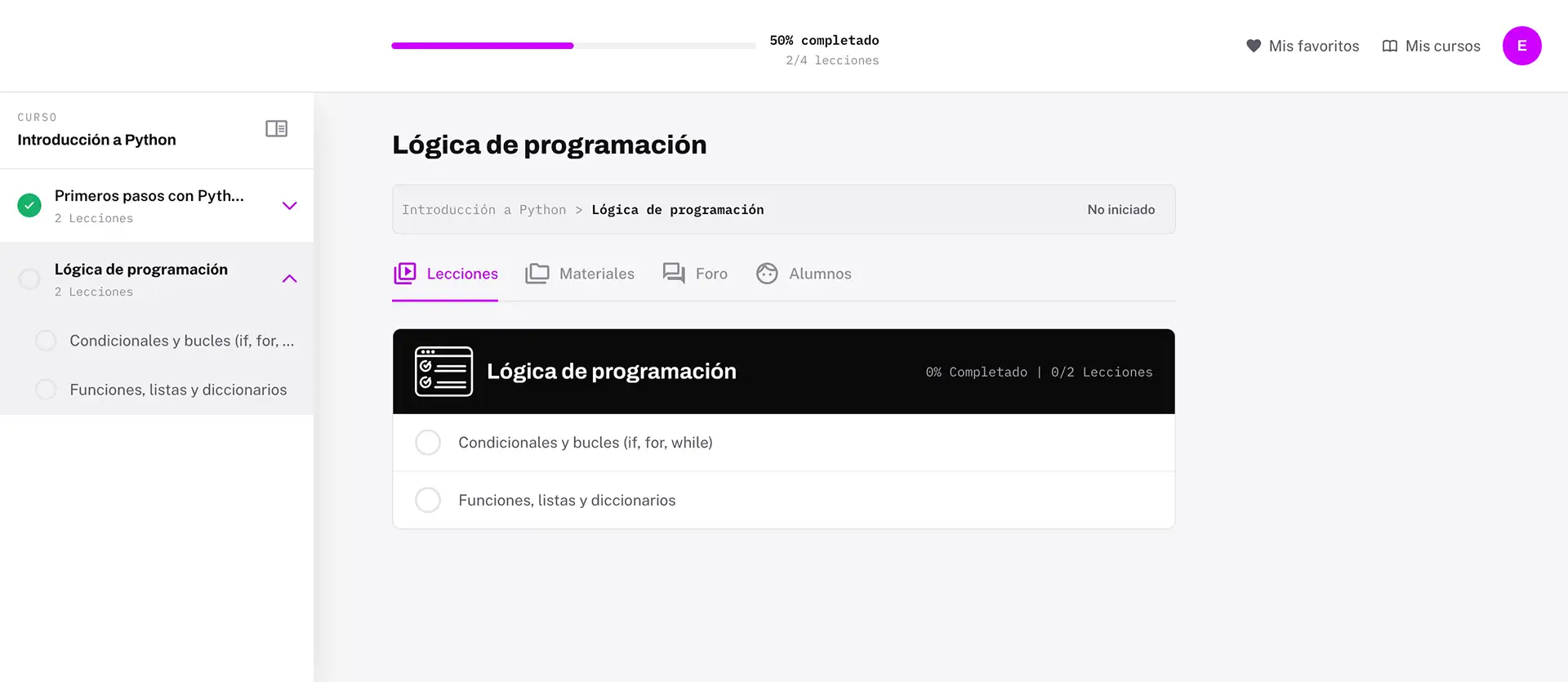Panel de contenidos y progreso de un módulo