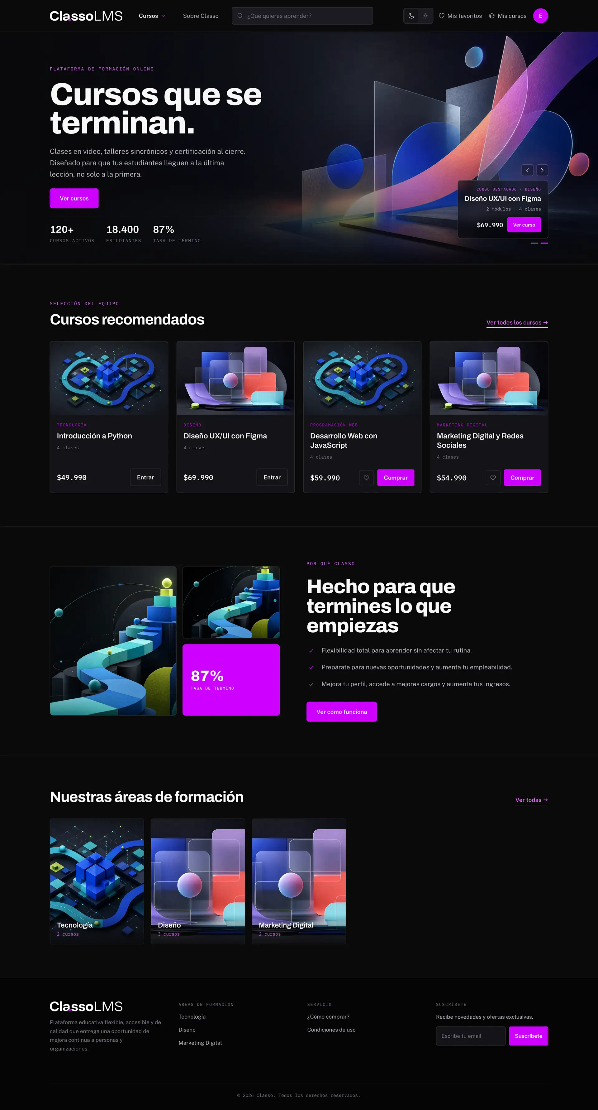 Página de inicio de Classo en modo oscuro