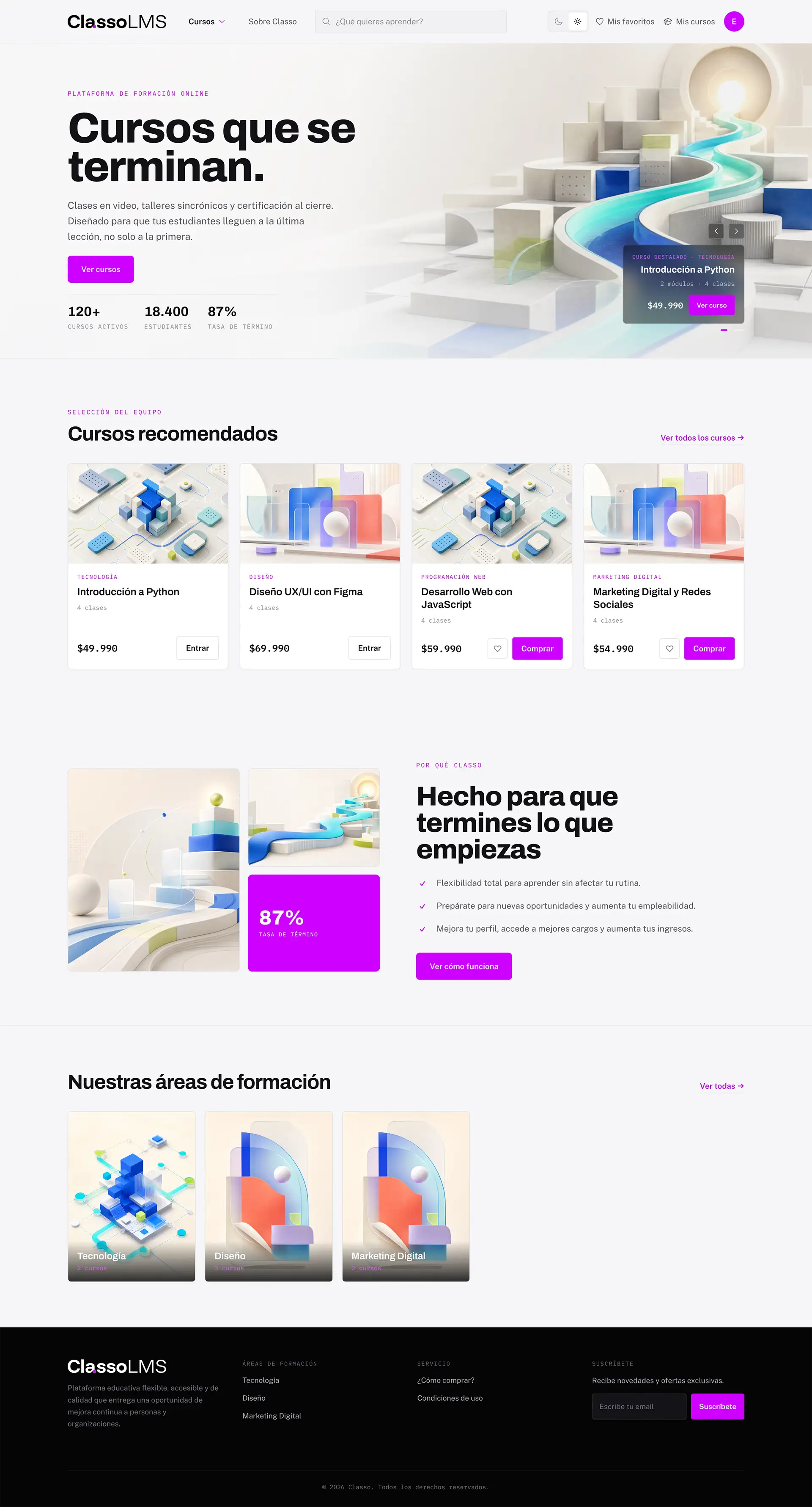 Página de inicio de Classo en modo claro